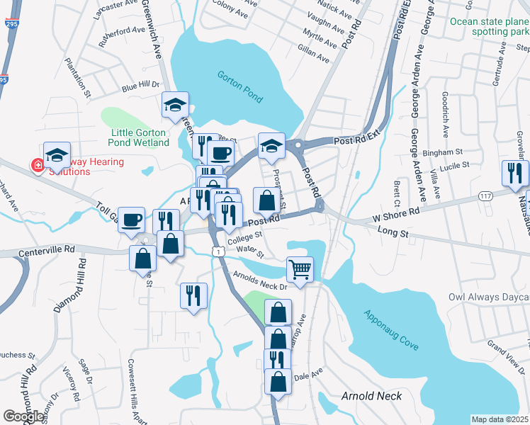 map of restaurants, bars, coffee shops, grocery stores, and more near 133 Pleasant Street in Warwick