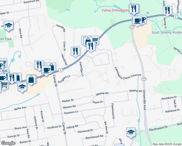 map of restaurants, bars, coffee shops, grocery stores, and more near 39 Florence Way in Farmington