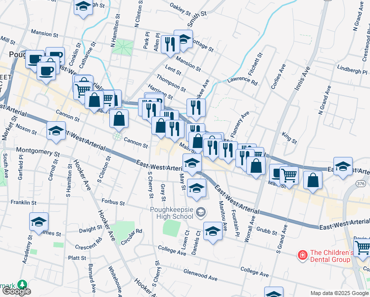 map of restaurants, bars, coffee shops, grocery stores, and more near 557 Main Street in Poughkeepsie