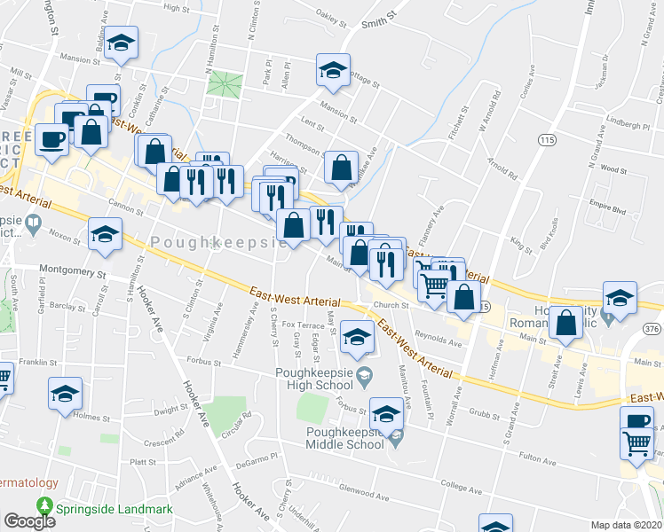 map of restaurants, bars, coffee shops, grocery stores, and more near 557 Main Street in Poughkeepsie