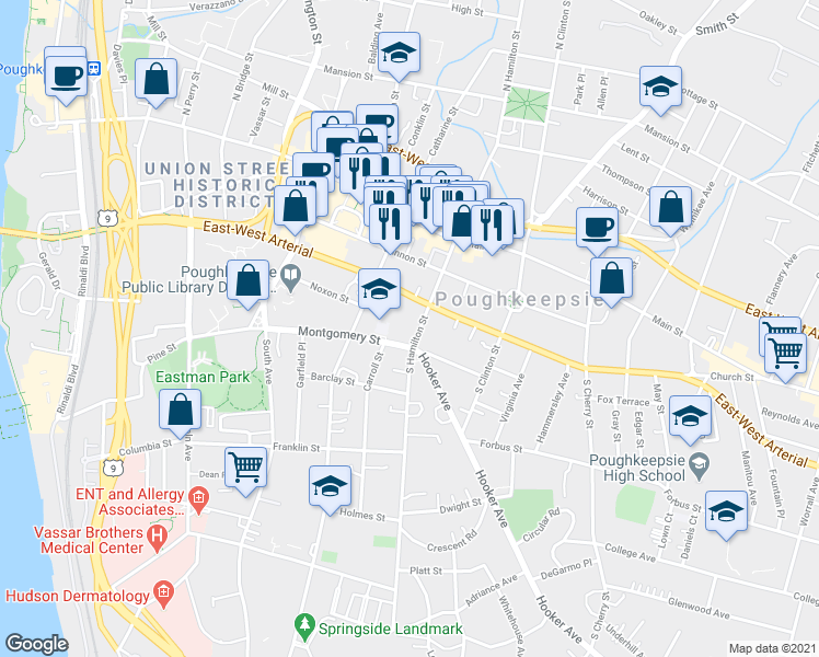 map of restaurants, bars, coffee shops, grocery stores, and more near 220 Church Street in Poughkeepsie