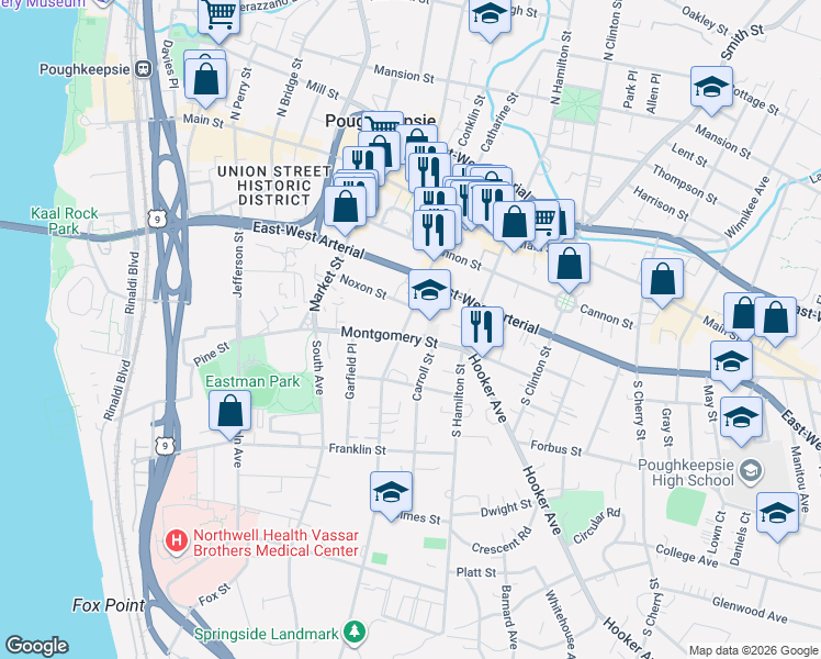 map of restaurants, bars, coffee shops, grocery stores, and more near 74 Academy Street in Poughkeepsie