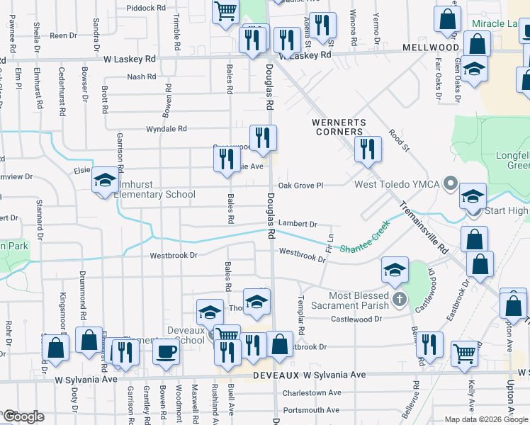 map of restaurants, bars, coffee shops, grocery stores, and more near in Toledo