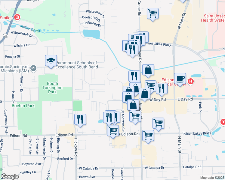 map of restaurants, bars, coffee shops, grocery stores, and more near Tanglewood Ct in Mishawaka