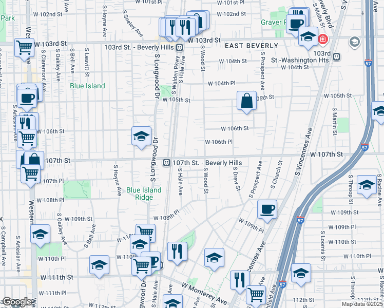map of restaurants, bars, coffee shops, grocery stores, and more near 10628 South Wood Street in Chicago