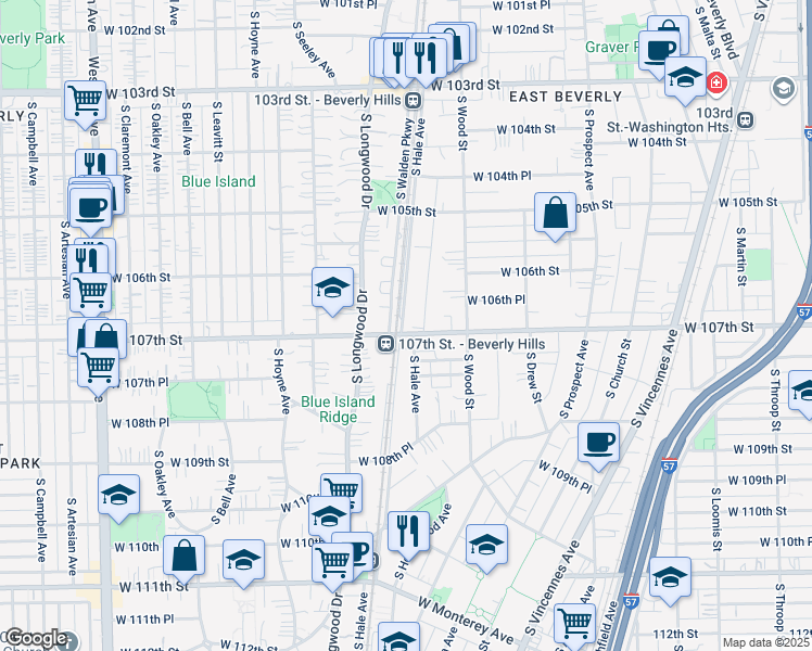 map of restaurants, bars, coffee shops, grocery stores, and more near 10633 South Hale Avenue in Chicago