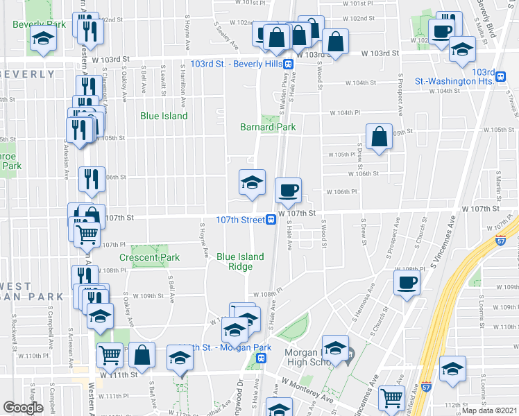 map of restaurants, bars, coffee shops, grocery stores, and more near 10635 South Longwood Drive in Chicago