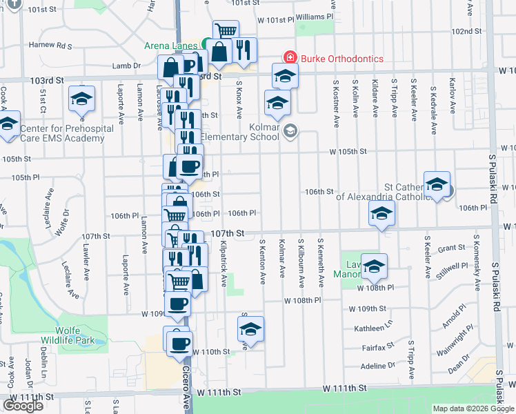 map of restaurants, bars, coffee shops, grocery stores, and more near 10601 South Kenton Avenue in Oak Lawn