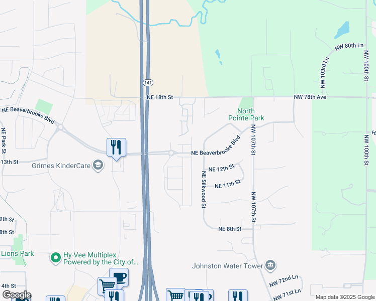 map of restaurants, bars, coffee shops, grocery stores, and more near 1521 Mocking Bird Lane in Grimes