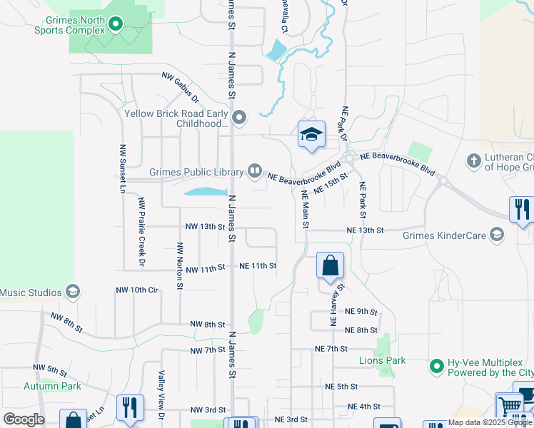 map of restaurants, bars, coffee shops, grocery stores, and more near 305 Northeast 14th Court in Grimes