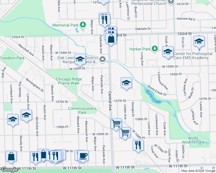 map of restaurants, bars, coffee shops, grocery stores, and more near 10600 Central Avenue in Chicago Ridge
