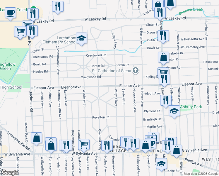 map of restaurants, bars, coffee shops, grocery stores, and more near 1321 Eleanor Avenue in Toledo