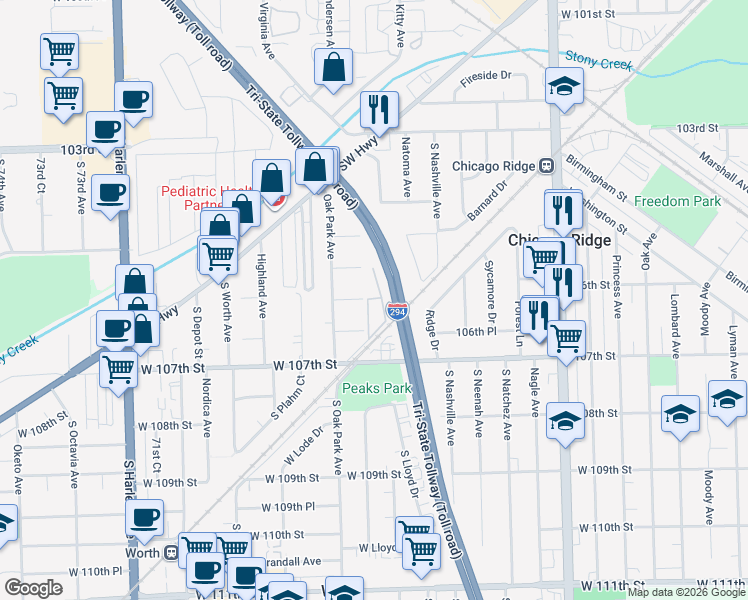map of restaurants, bars, coffee shops, grocery stores, and more near 6730 106th Street in Chicago Ridge