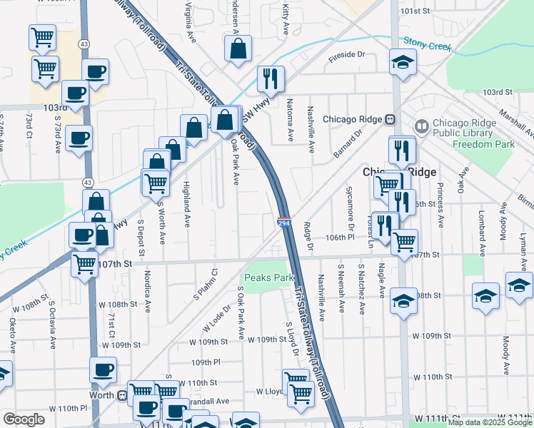 map of restaurants, bars, coffee shops, grocery stores, and more near 10620 Brooks Lane in Chicago Ridge