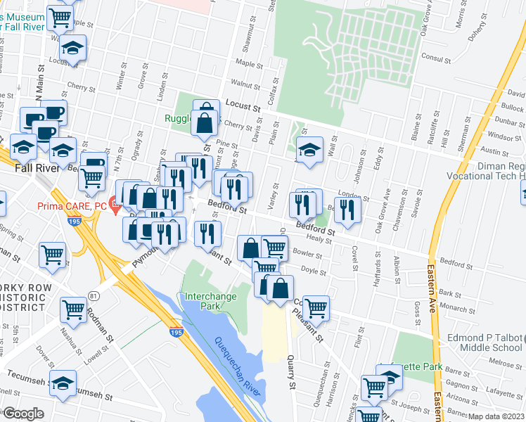 map of restaurants, bars, coffee shops, grocery stores, and more near 780 Bedford Street in Fall River
