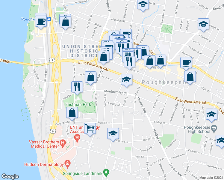 map of restaurants, bars, coffee shops, grocery stores, and more near 78 Montgomery Street in Poughkeepsie