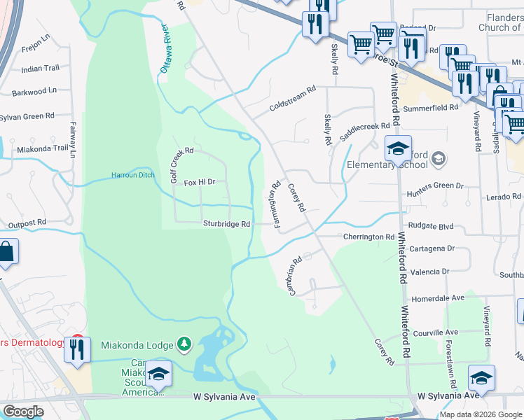 map of restaurants, bars, coffee shops, grocery stores, and more near 4605 Farmington Road in Toledo