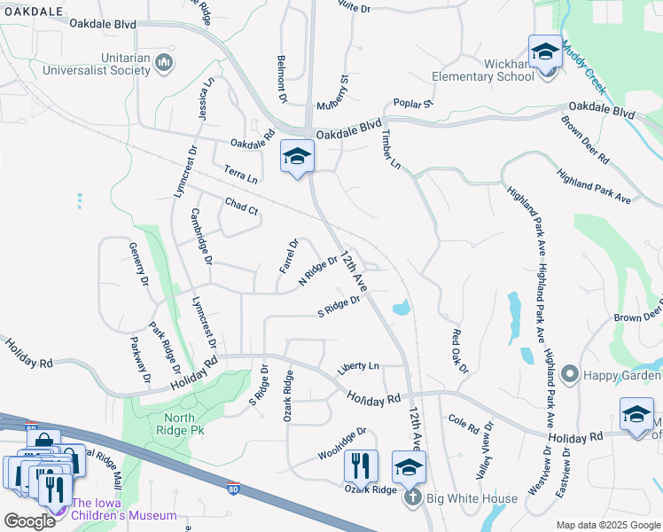 map of restaurants, bars, coffee shops, grocery stores, and more near 1901 Farrel Drive in Coralville