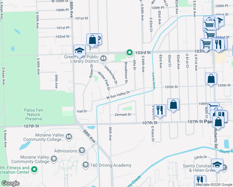 map of restaurants, bars, coffee shops, grocery stores, and more near 8545 Broadmoor Drive in Palos Hills