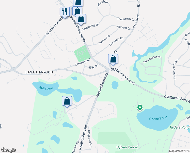map of restaurants, bars, coffee shops, grocery stores, and more near 1096 Queen Anne Road in Harwich