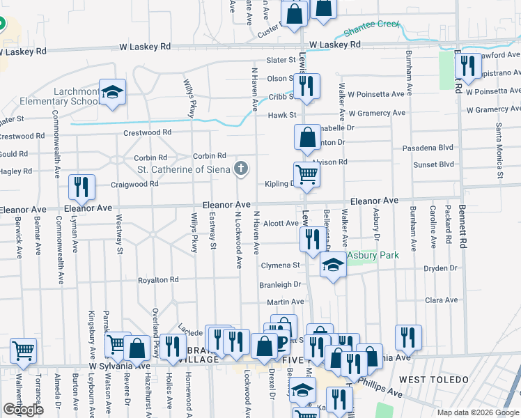map of restaurants, bars, coffee shops, grocery stores, and more near 1108 Eleanor Avenue in Toledo