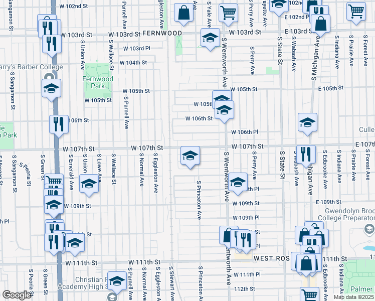 map of restaurants, bars, coffee shops, grocery stores, and more near 321 West 107th Street in Chicago