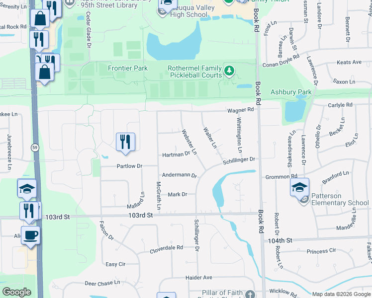 map of restaurants, bars, coffee shops, grocery stores, and more near 11S544 Webster Lane in Naperville