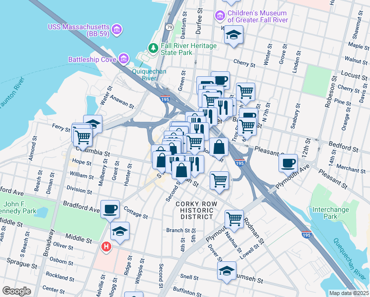 map of restaurants, bars, coffee shops, grocery stores, and more near 161 South Main Street in Fall River