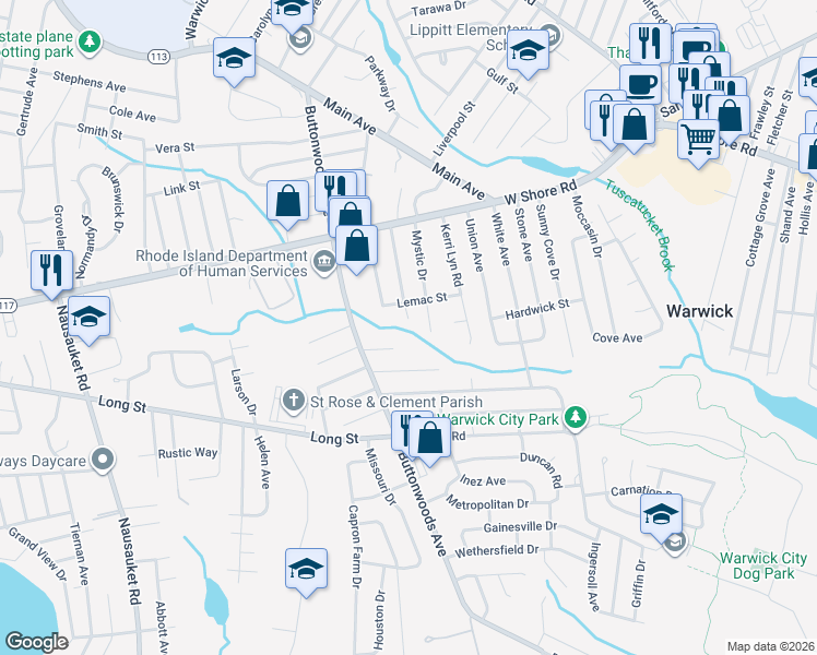 map of restaurants, bars, coffee shops, grocery stores, and more near 91 Mystic Drive in Warwick