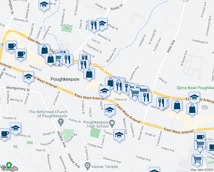 map of restaurants, bars, coffee shops, grocery stores, and more near 19 Pershing Avenue in Poughkeepsie