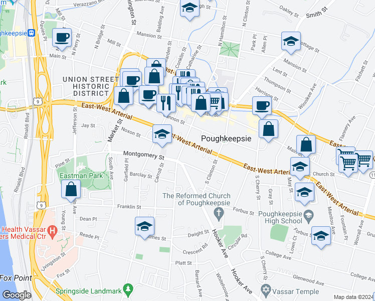map of restaurants, bars, coffee shops, grocery stores, and more near 230 East-West Arterial in Poughkeepsie