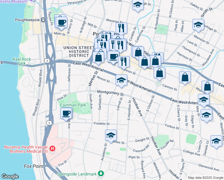 map of restaurants, bars, coffee shops, grocery stores, and more near 74 Academy Street in Poughkeepsie