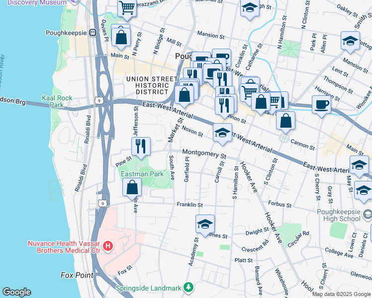 map of restaurants, bars, coffee shops, grocery stores, and more near 72 Montgomery Street in Poughkeepsie