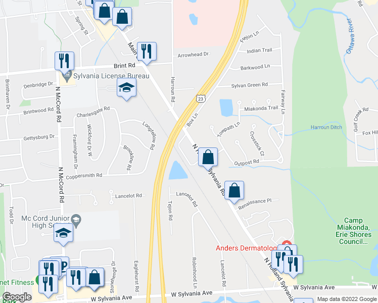 map of restaurants, bars, coffee shops, grocery stores, and more near 4615 North Holland Sylvania Road in Toledo