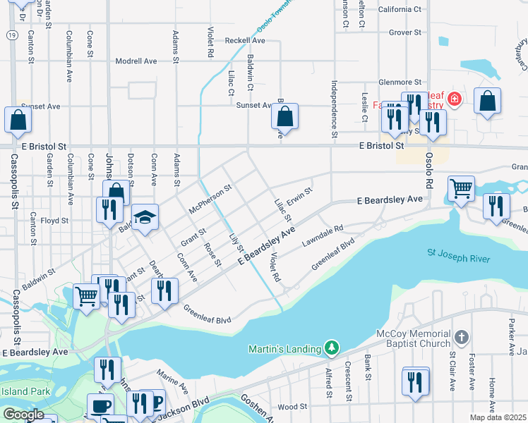 map of restaurants, bars, coffee shops, grocery stores, and more near 907 Lilac Street in Elkhart