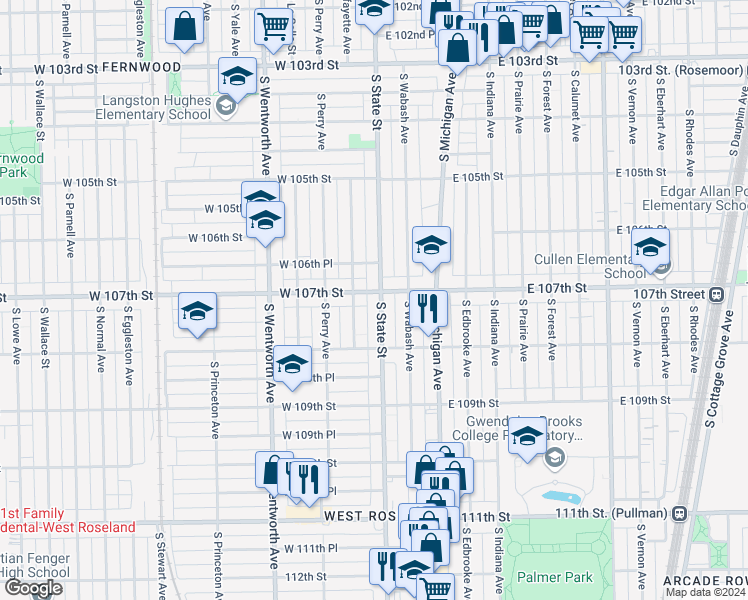map of restaurants, bars, coffee shops, grocery stores, and more near 16 West 107th Street in Chicago
