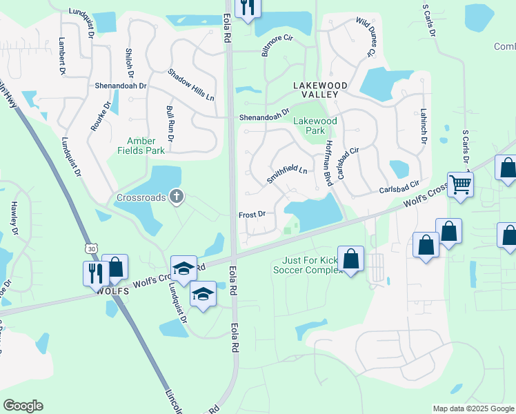 map of restaurants, bars, coffee shops, grocery stores, and more near 2461 Smithfield Court in Aurora