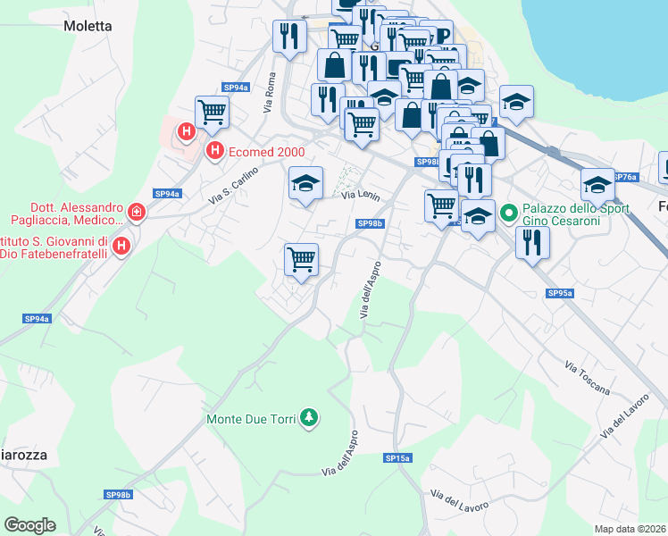 map of restaurants, bars, coffee shops, grocery stores, and more near 26 Via Monte Giove in Genzano di Roma