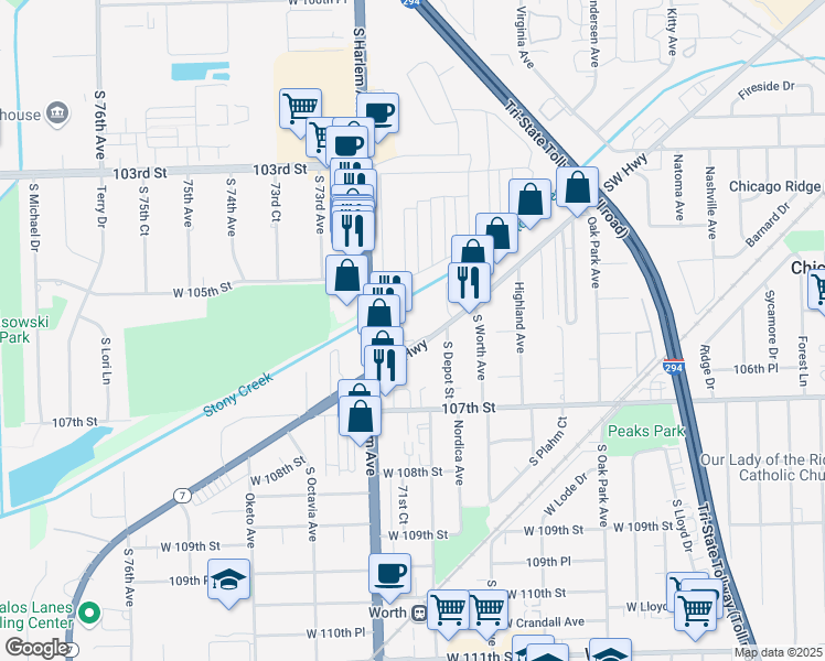 map of restaurants, bars, coffee shops, grocery stores, and more near 10604 Southwest Highway in Chicago Ridge