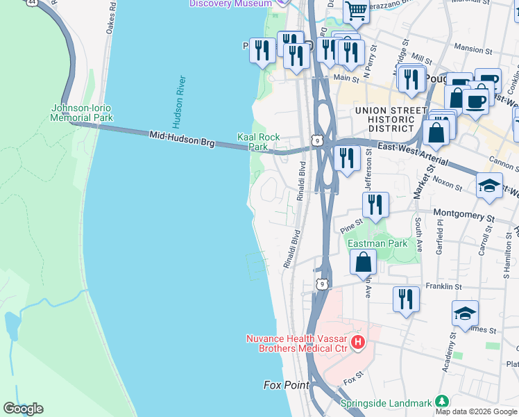 map of restaurants, bars, coffee shops, grocery stores, and more near 32 Hurlihe Street in Poughkeepsie