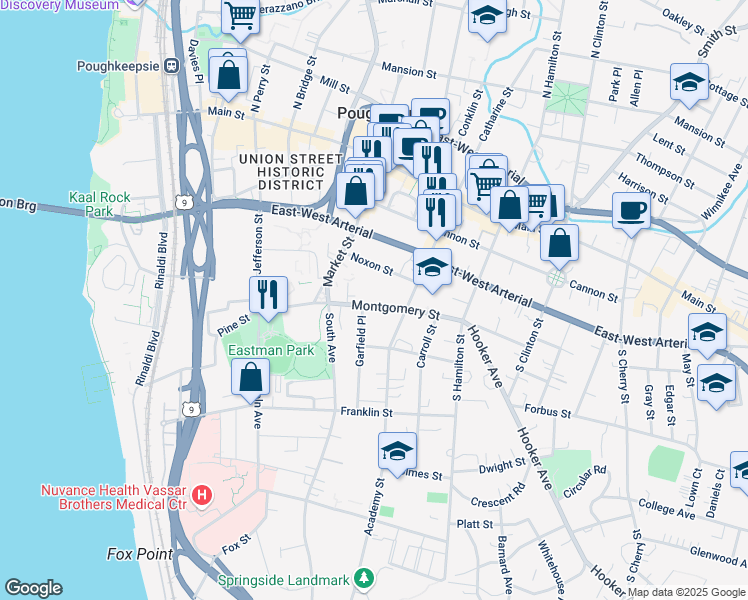 map of restaurants, bars, coffee shops, grocery stores, and more near 72 Montgomery Street in Poughkeepsie