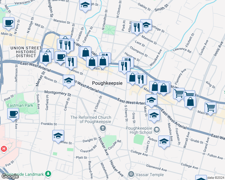 map of restaurants, bars, coffee shops, grocery stores, and more near 148 Cannon Street in Poughkeepsie