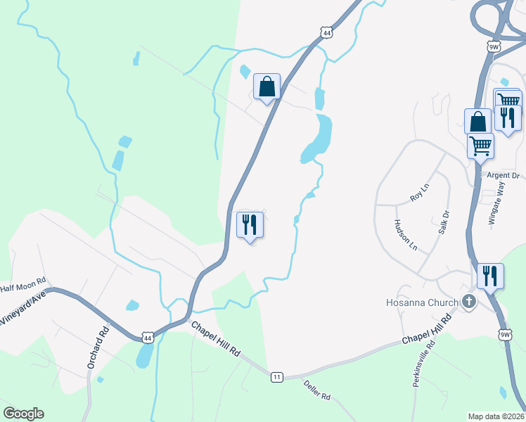 map of restaurants, bars, coffee shops, grocery stores, and more near 3 Merlot Drive in Highland