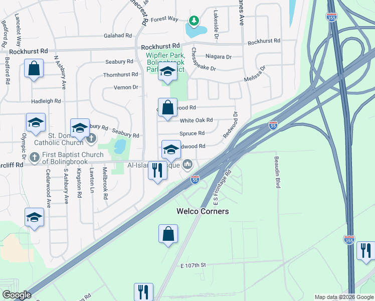 map of restaurants, bars, coffee shops, grocery stores, and more near 534 Redwood Road in Bolingbrook