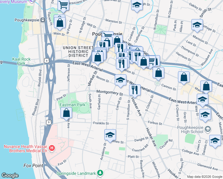 map of restaurants, bars, coffee shops, grocery stores, and more near 74 Academy Street in Poughkeepsie