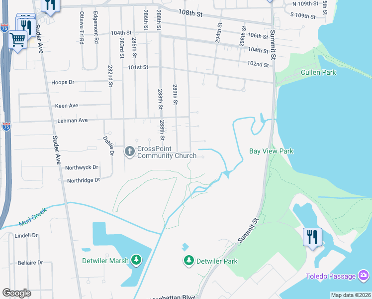 map of restaurants, bars, coffee shops, grocery stores, and more near 4304 289th Street in Toledo
