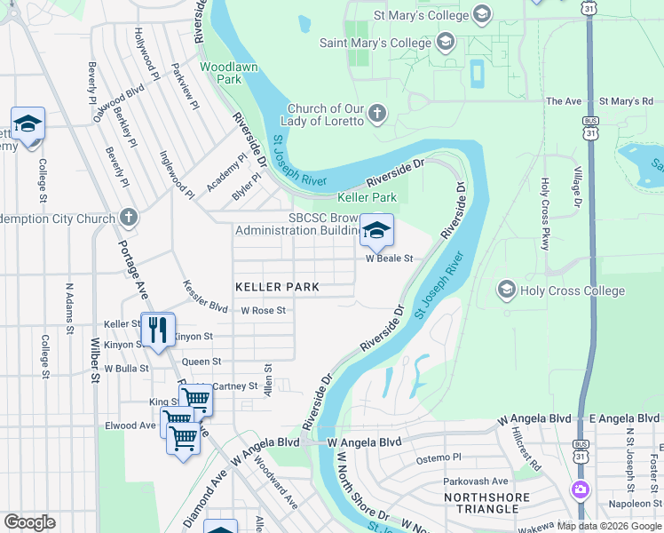 map of restaurants, bars, coffee shops, grocery stores, and more near 801-815 West Beale Street in South Bend