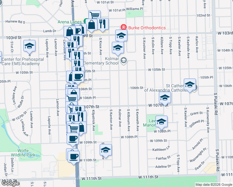 map of restaurants, bars, coffee shops, grocery stores, and more near 10601 South Kenton Avenue in Oak Lawn