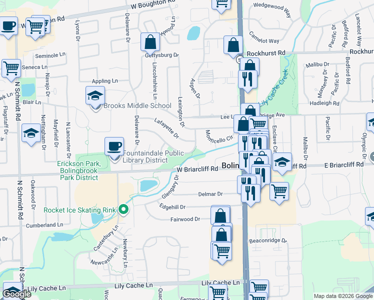 map of restaurants, bars, coffee shops, grocery stores, and more near 196 Grant Drive in Bolingbrook