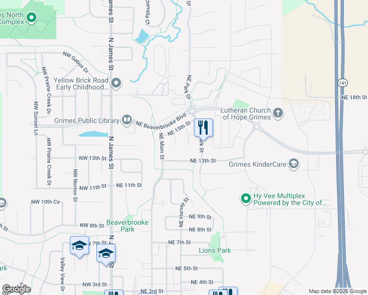 map of restaurants, bars, coffee shops, grocery stores, and more near 1412 Aspen Court in Grimes